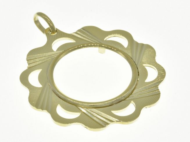 Münzfassung Anhänger aus 585 Gold mit Blumenrand und Diamantschliff, geeignet für Münzen mit maximal 19,8 mm Durchmesser, Hersteller Juwelier Harnisch.