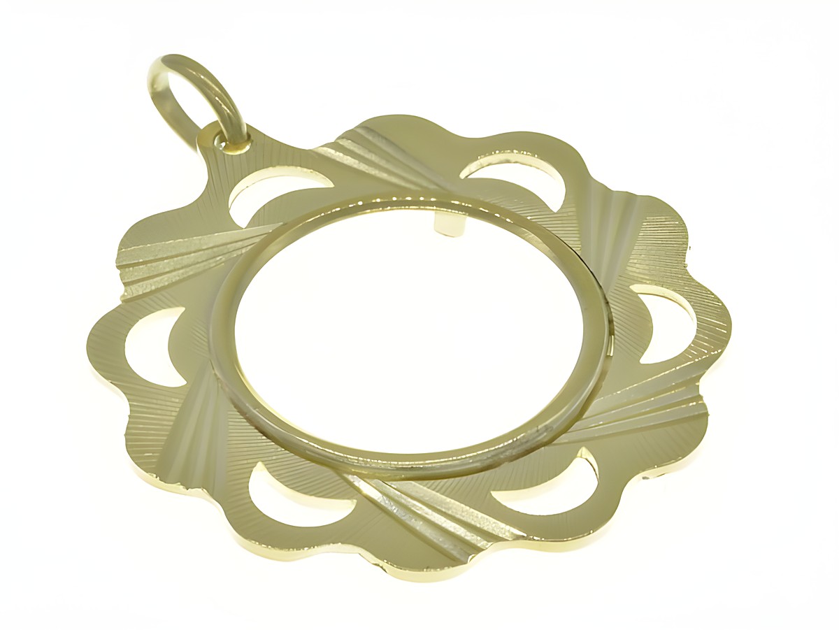 Münzfassung Anhänger aus 585 Gold mit Blumenrand und Diamantschliff, geeignet für Münzen mit maximal 19,8 mm Durchmesser, Hersteller Juwelier Harnisch.