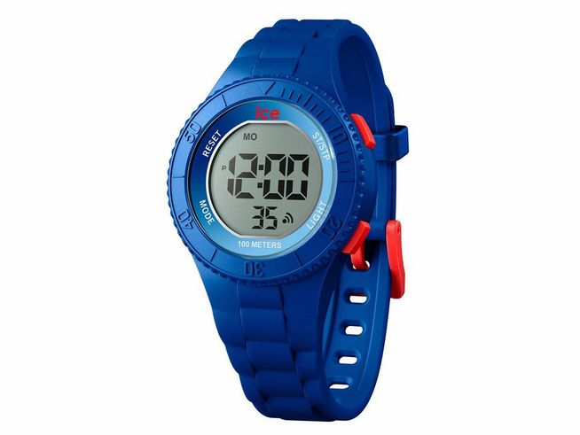 Digitale Armbanduhr in Blau mit einem robusten Silikonarmband und auffälligen roten Akzenten, LED-Display und wasserdicht bis 100 Meter, Modell ICE digit - Blue shade - Small - 021611, Hersteller Ice watch.