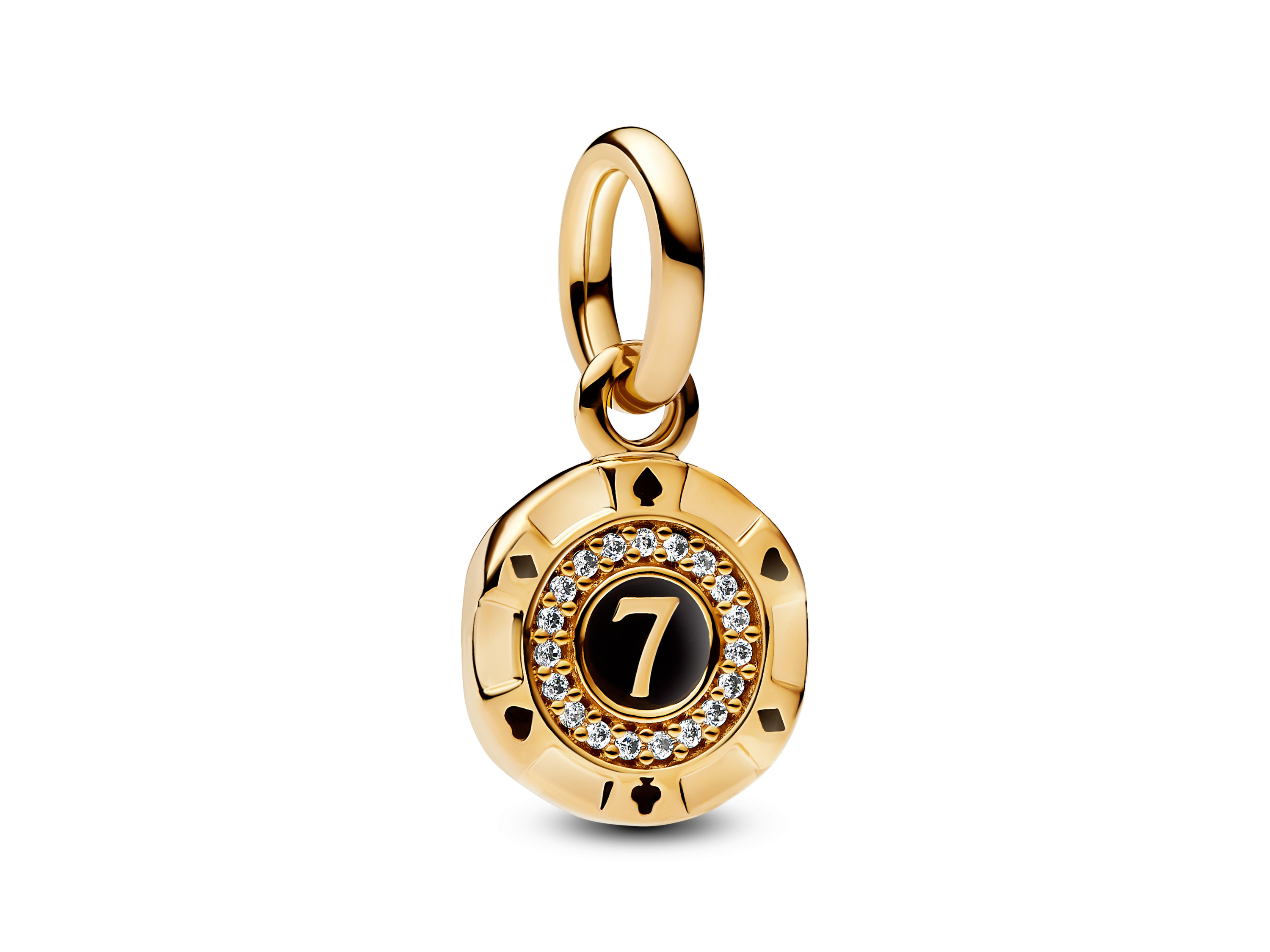 Glückscharm von Pandora in Gelbgold Vergoldung mit der Glückszahl 7 und funkelnden Zirkonia umrandet. Ein stilvolles Accessoire für Glück und Eleganz.