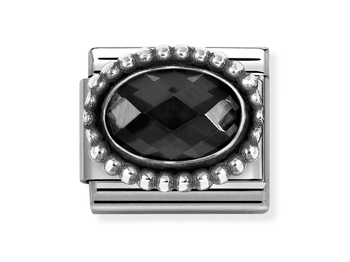 Elegantes Schmuckelement in Sterlingsilber mit ovalem, facettiertem Zirkonia in Schwarz und einem kunstvollen Rand aus Kugeln, ideal für individuell gestaltbare Armbänder.