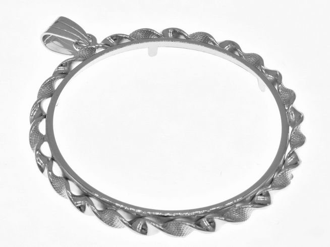 Münzfassung Anhänger aus rhodiniertem 925 Sterling Silber mit einem Durchmesser von 41 mm, geeignet für Münzen über 4 cm, gefertigt vom Juwelier Harnisch.