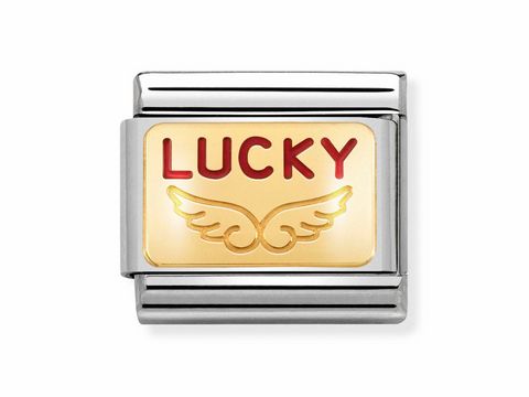 Emaillierte Goldplatte mit dem Wort LUCKY in roten Buchstaben und zwei Flügeln, eingefasst in Edelstahl, Modell von Nomination Classic, Artikelnummer 030284 39.