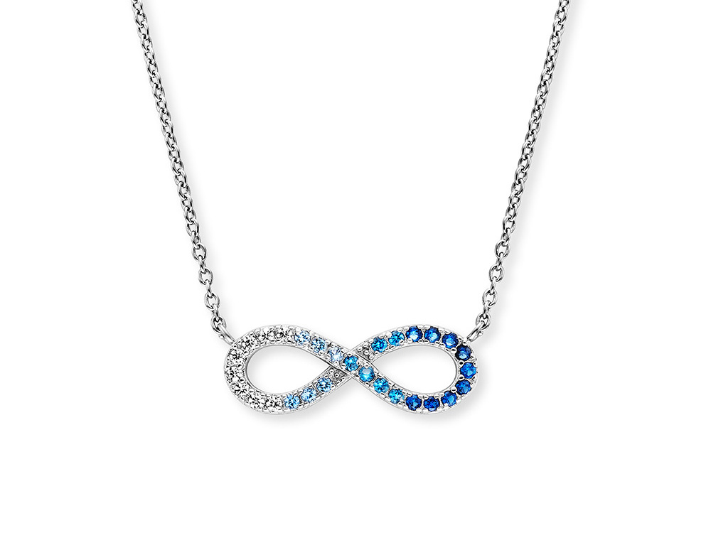 Silberne Kette mit Zirkonia, unendliches Symbol in blau und silber, 40 plus 4 cm, idealer Schmuck für jeden Anlass, von Hersteller Engelsrufer, Neuheiten.