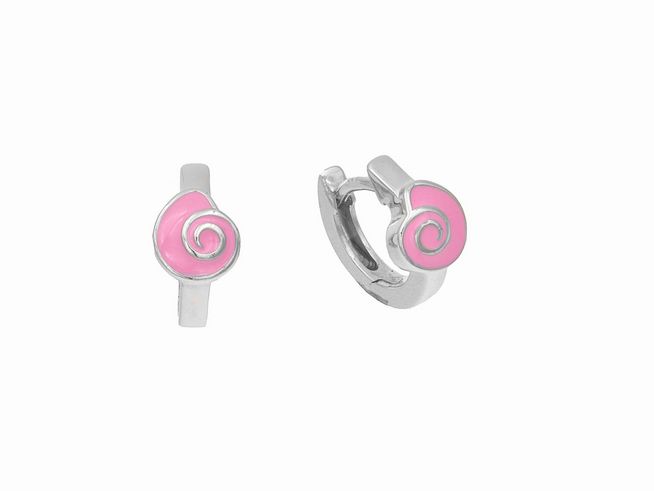 305208-0 Ohrringe Creolen Muschel 1,3 cm aus Sterling Silber poliert und rhodiniert mit rosa Lack, ideal für Kinder, hergestellt von Juwelier Harnisch.
