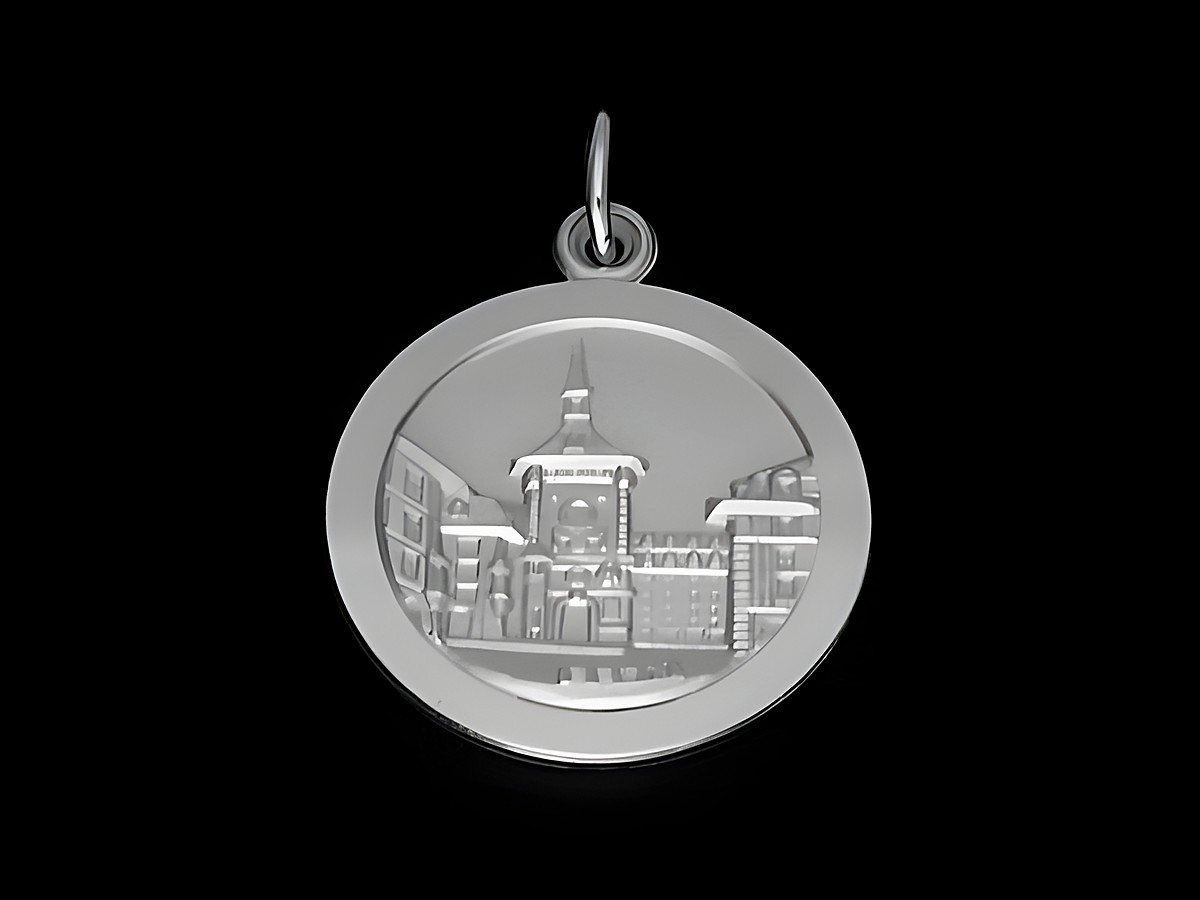Bern Anhänger in Silber rhodiniert, rund geformt mit einem reliefartigen Motiv der Berner Altstadt, hergestellt von Juwelier Harnisch, Europa Anhänger.