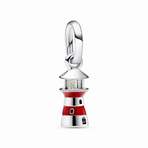 Fluoreszierender Pandora Leuchtturm Anhänger aus Silber mit Emaille in Rot und Weiß, detaillierte Gestaltung mit glitzerndem Element und klassischem Design, ideal für Charm-Armbänder.