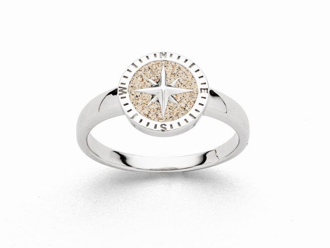 Sterling Silber Ring mit rhodiniertem Finish, verziert mit Strandsand in der Mitte und einer Kompassrose aus Silber. Größe 54, Hersteller DUR.