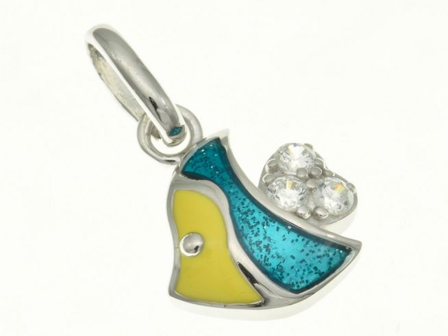304447-0 Fisch Anhänger aus rhodiniertem Sterling Silber mit Zirkonia und Lack in bunten Farben, ideal für Kinder, hergestellt von Juwelier Harnisch.