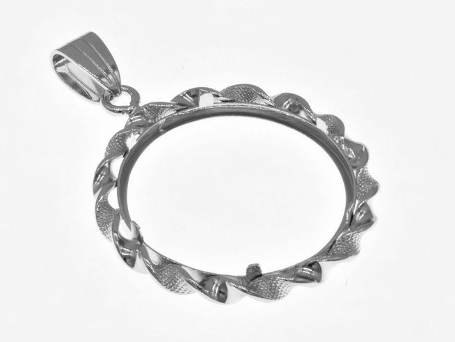 Münzfassung Anhänger aus 925 Sterling Silber rhodiniert mit einem maximalen Durchmesser von 25 mm für Münzen, gefertigt von Juwelier Harnisch, dekoratives Kordeldesign.