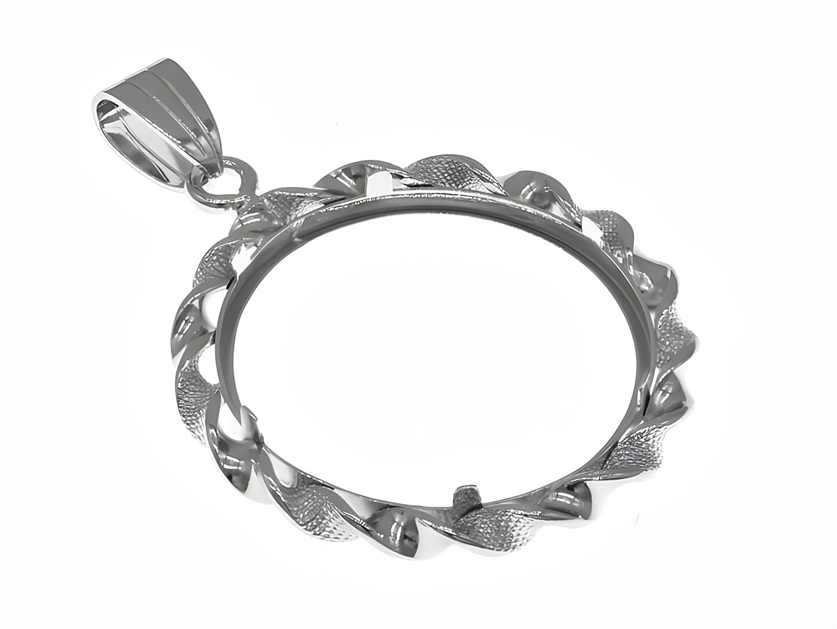 Münzfassung Anhänger aus 925 Sterling Silber rhodiniert mit einem maximalen Durchmesser von 25 mm für Münzen, gefertigt von Juwelier Harnisch, dekoratives Kordeldesign. – Ansicht 3