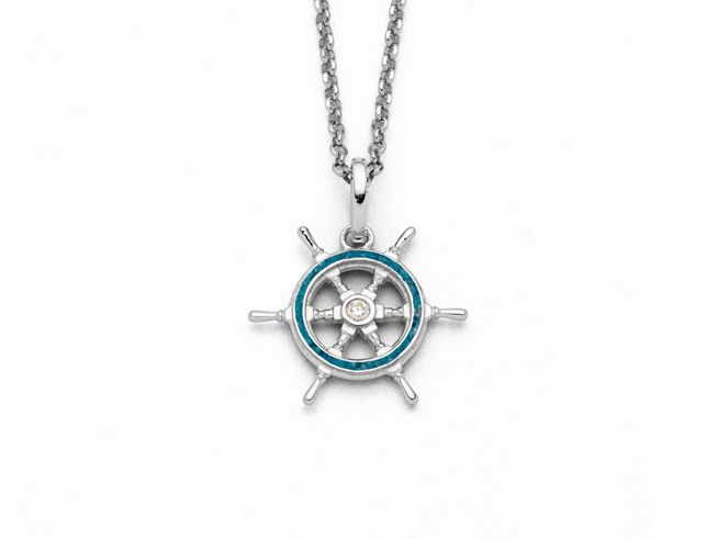 Sterling Silber Kette mit einem Steuerrad-Anhänger, umrandet von blauem Steinsand und Kyanit Zirkonia, Länge 42 cm, elegant und maritim inspiriert, Hersteller DUR.
