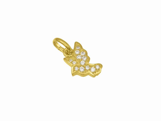 Anhänger in Form einer Friedenstaube aus Sterling Silber, vergoldet mit Gelbgold, verziert mit funkelnden Steinen, elegant und symbolisch, ideal als Schmuckstück für tierliebende Menschen.