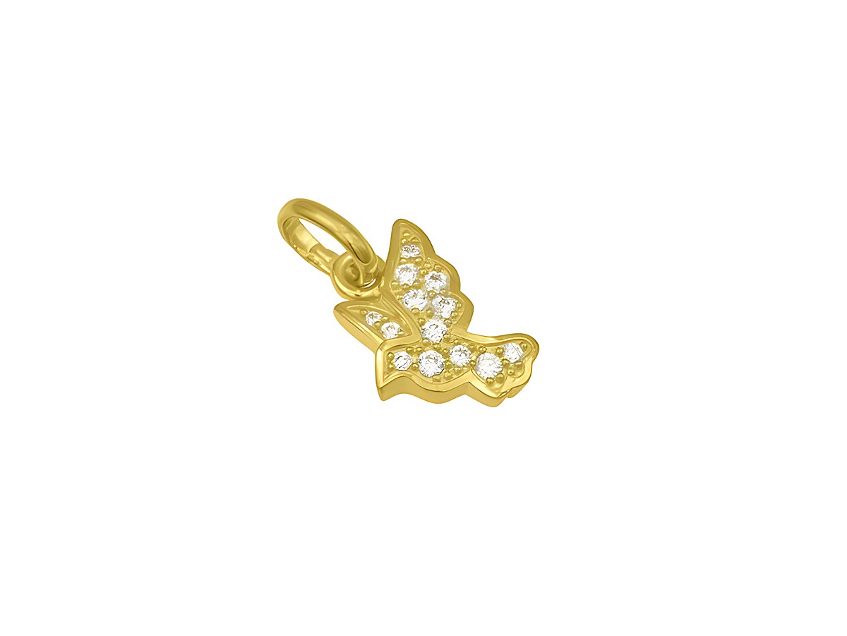 Anhänger in Form einer Friedenstaube aus Sterling Silber, vergoldet mit Gelbgold, verziert mit funkelnden Steinen, elegant und symbolisch, ideal als Schmuckstück für tierliebende Menschen.