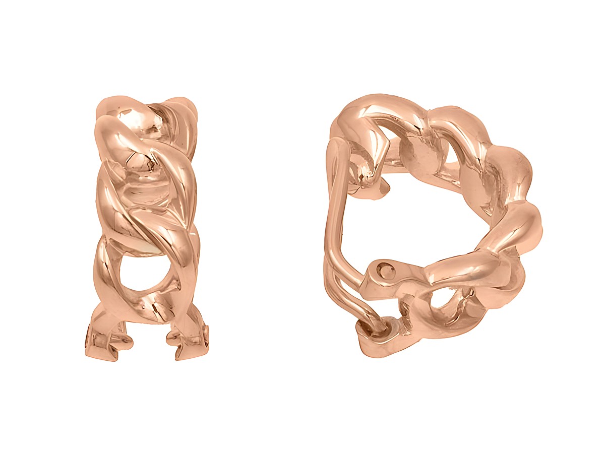 Ohrclips aus vergoldetem Roségold, design mit Panzerkette, hergestellt von Juwelier Harnisch, polierte Oberfläche, moderne und elegante Form, ideal für stilbewusste Trägerinnen.