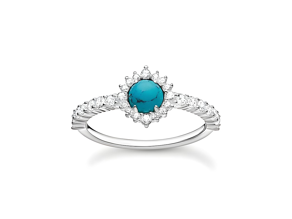 Thomas Sabo Ring aus Sterling Silber mit imitiertem Türkis und türkisen Zirkonia, Größe 54, ovaler Türkisstein von Zirkonia umgeben, elegantes Design, ideal für den Alltag oder besondere Anlässe.