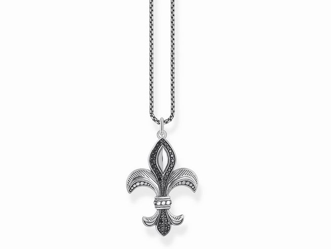 Thomas Sabo Kette KE2002-643-11-L50V aus Sterling Silber mit einem geschwungenen Anhänger in Form einer Lilie, verziert mit schwarzen Zirkonia, Länge 45 bis 50 cm.