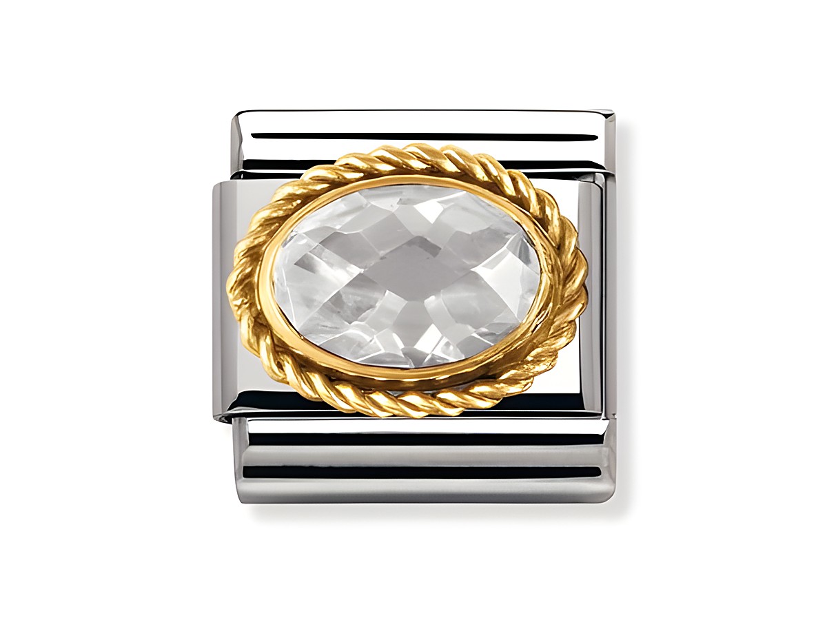Ovaler Kordelanhänger mit Zirkonia in der Mitte, umgeben von einer goldenen Kordel, auf einem silbernen Hintergrund, Hersteller: Nomination, Modell: Classic.