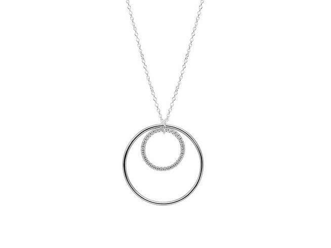 Xenox Sterling Silber Kette XS2275 mit einem eleganten Kareeketten-Design, featuring zwei ineinander liegende Ringe, einer besteht aus funkelnden Zirkonia, Länge 40-45 cm, Modell SUNRISE.