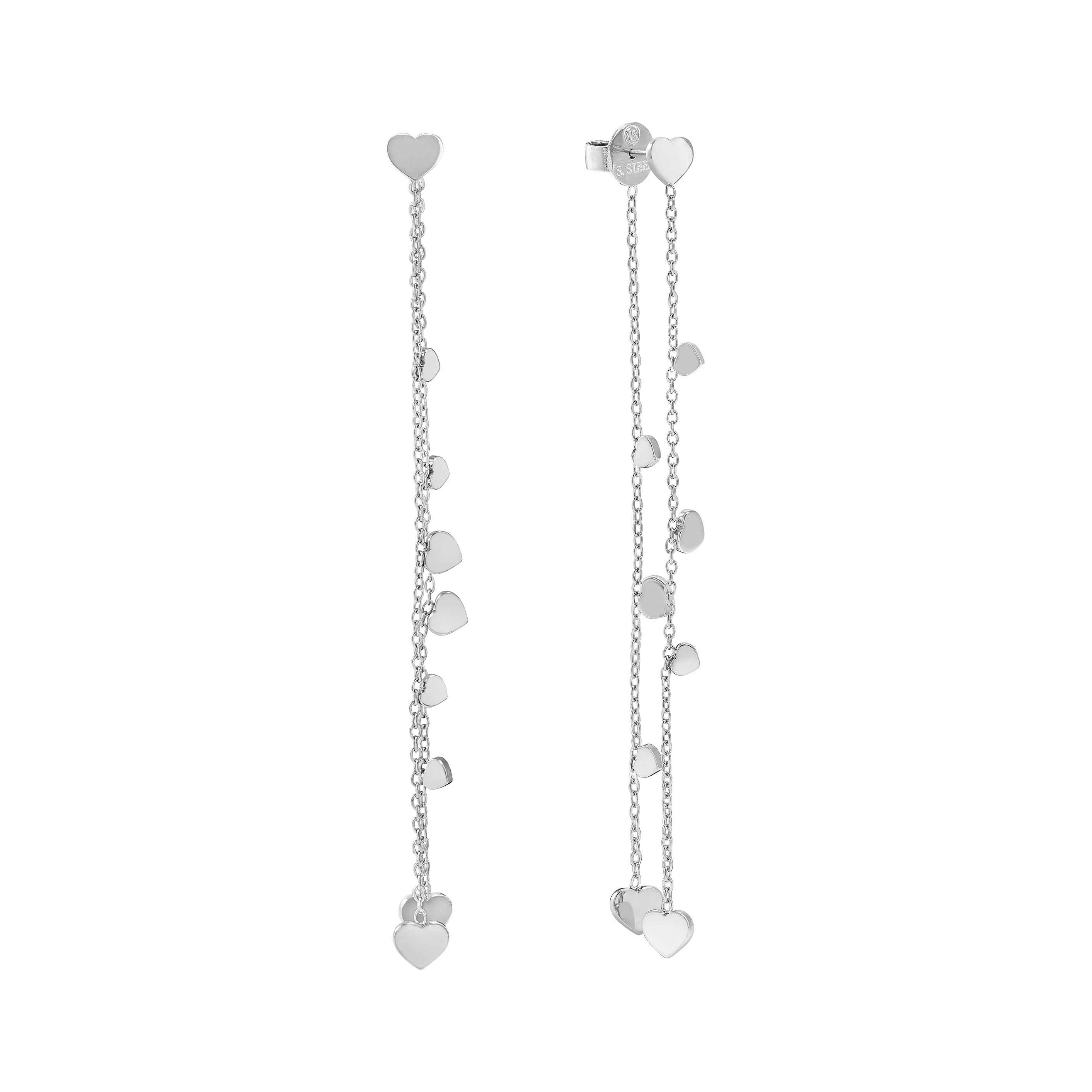 Zwei lange Ohrhänger aus poliertem Schmuckmaterial mit mehreren kleinen, glänzenden Herzsymbolen, die an Ketten hängen und elegant wirken. Perfekt für einen romantischen Look.