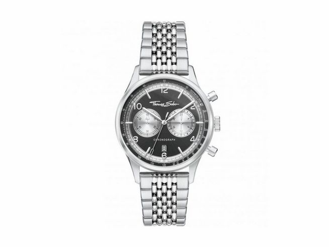Thomas Sabo Herrenuhr WA0375-201-203-40 mm mit gebürstetem Edelstahlgehäuse und schwarzem Ziffernblatt, zwei Chronographen, glanzpolierten Zeigern und Milanaise-Armband.