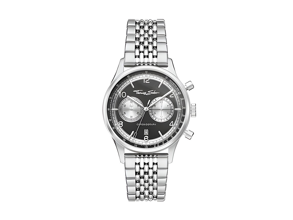 Thomas Sabo Herrenuhr WA0375-201-203-40 mm mit gebürstetem Edelstahlgehäuse und schwarzem Ziffernblatt, zwei Chronographen, glanzpolierten Zeigern und Milanaise-Armband.