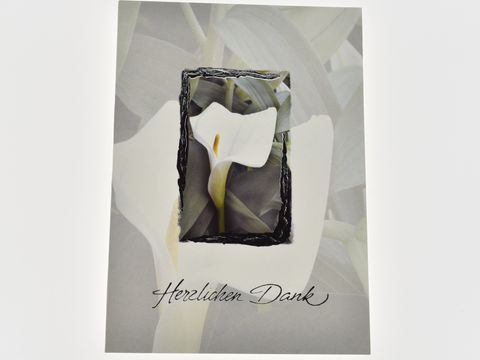 Dankeskarte mit einem stilisierten Calla-Blütenmotiv in sanften Farben und dem Schriftzug "Herzlichen Dank", umrahmt von einer eleganten schwarzen Kontur. Set mit 5 Karten von Juwelier Harnisch.