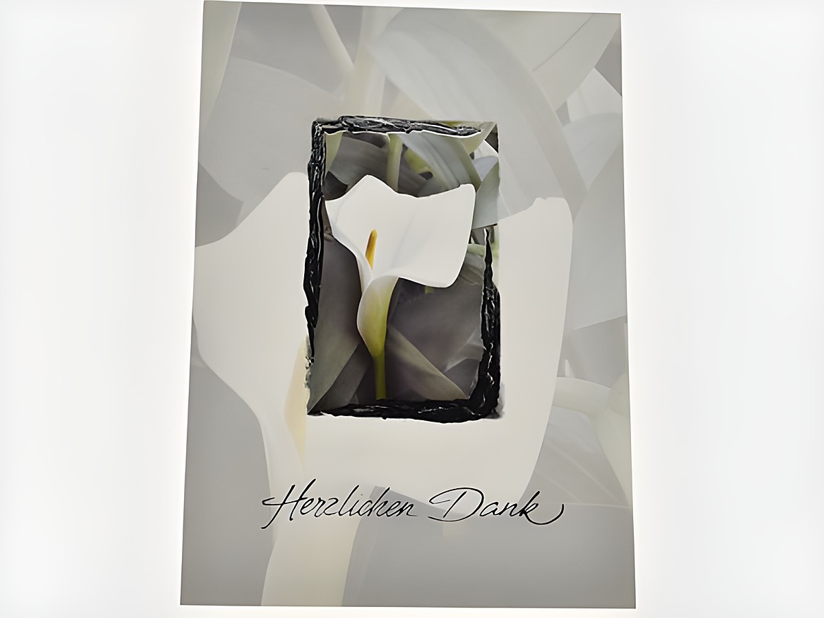 Dankeskarte mit einem stilisierten Calla-Blütenmotiv in sanften Farben und dem Schriftzug "Herzlichen Dank", umrahmt von einer eleganten schwarzen Kontur. Set mit 5 Karten von Juwelier Harnisch.