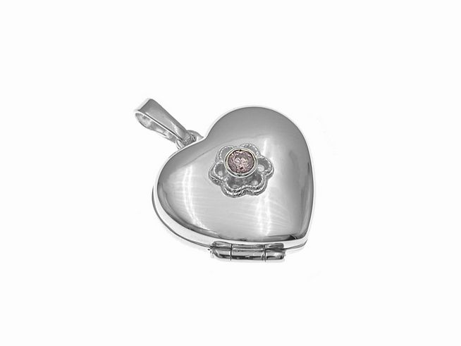 Silber Medaillon in Herzform mit einem rosa Glasstein und filigranem Blütendesign aus Sterling Silber, Hersteller: Juwelier Harnisch. Ideal als persönliches Geschenk.