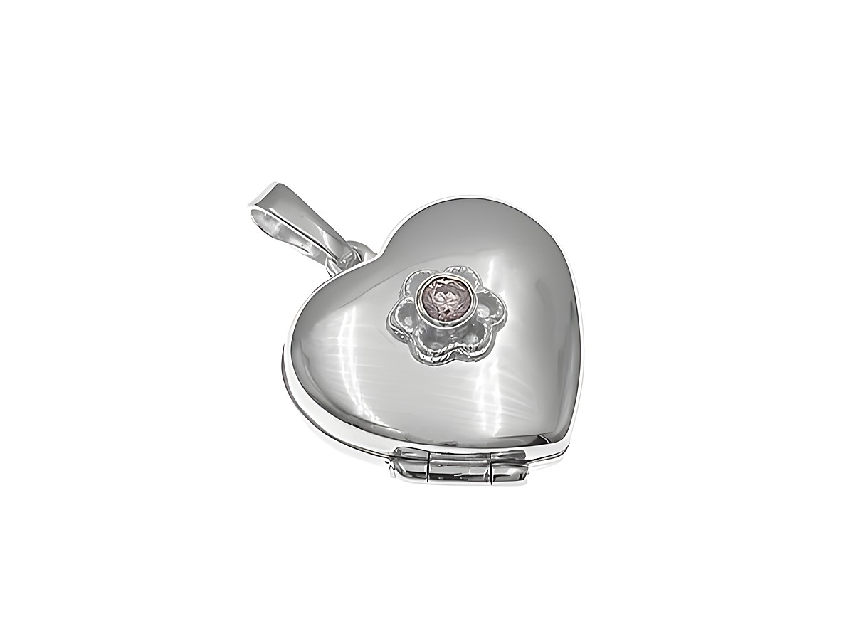 Silber Medaillon in Herzform mit einem rosa Glasstein und filigranem Blütendesign aus Sterling Silber, Hersteller: Juwelier Harnisch. Ideal als persönliches Geschenk.