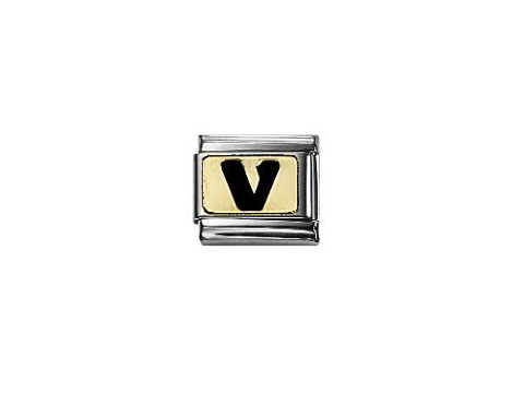 SCHWARZE Buchstabe V aus emailliertem Material von NOMINATION Classic, quadratische Form mit goldfarbener Hintergrundplatte und schwarzem V, geeignet für ein Armband.