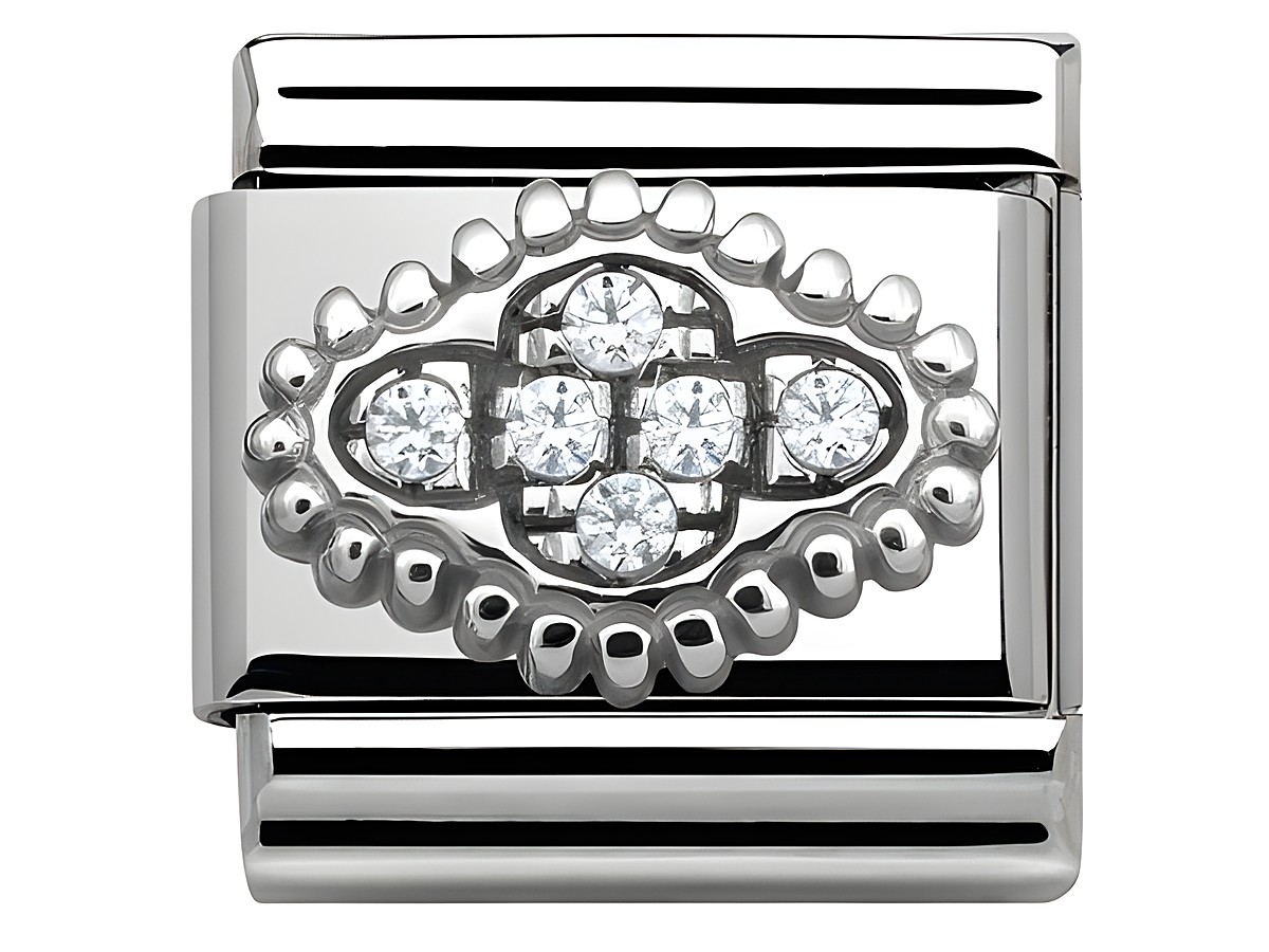 Elegantes Edelstahl Armbandglied von Nomination SilverShine 330316 01 Classic Pave mit Zirkonia in einer weißen Blumenform, ausgestattet mit feinem Silber 925 für einen glamourösen Look.