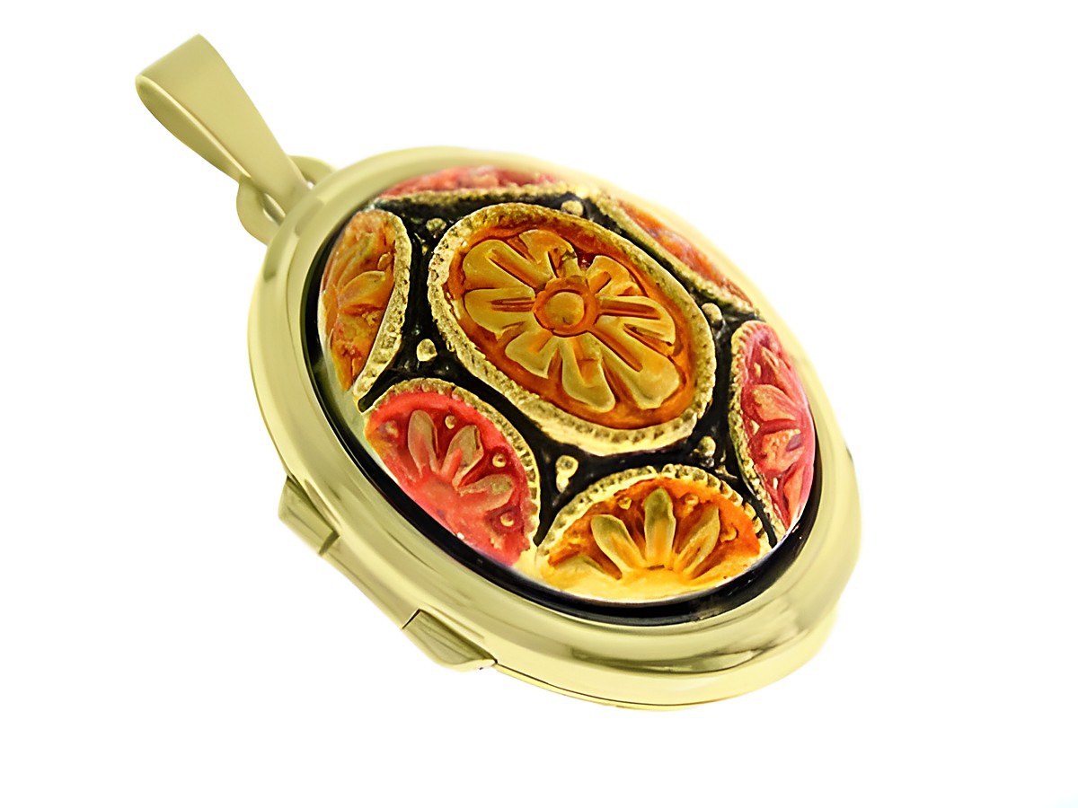 Indisches Medaillon mit Cabochon in Gold 585, verziert mit bunten floralen Motiven und schwarzem Hintergrund, vom Hersteller Juwelier Harnisch, elegantes Schmuckstück für besondere Anlässe.