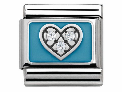 Edelstahlarmband mit blauem Emaille-Hintergrund und einem Herzmotiv, besetzt mit drei Zirkonen, gefertigt von Nomination, Silvershine Motive. Ideal für stilvolle Akzente.