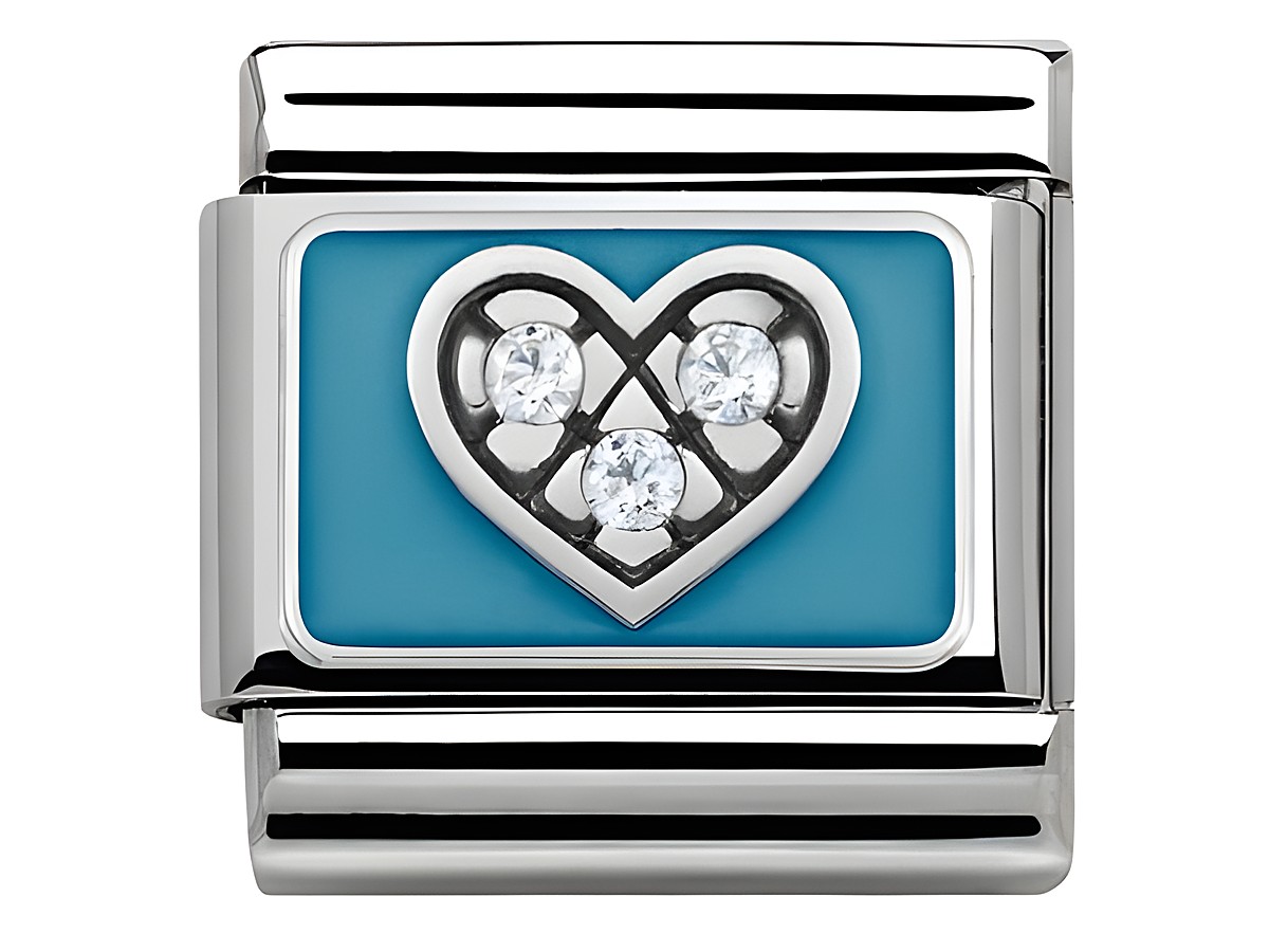 Edelstahlarmband mit blauem Emaille-Hintergrund und einem Herzmotiv, besetzt mit drei Zirkonen, gefertigt von Nomination, Silvershine Motive. Ideal für stilvolle Akzente.