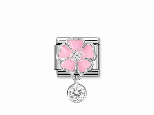 433181403-0 Charm von Nomination Classic Silber mit rosa Blume, brillant-geschliffenem Zirkonia und weißer Emaille, ideal für das persönliche Armband.