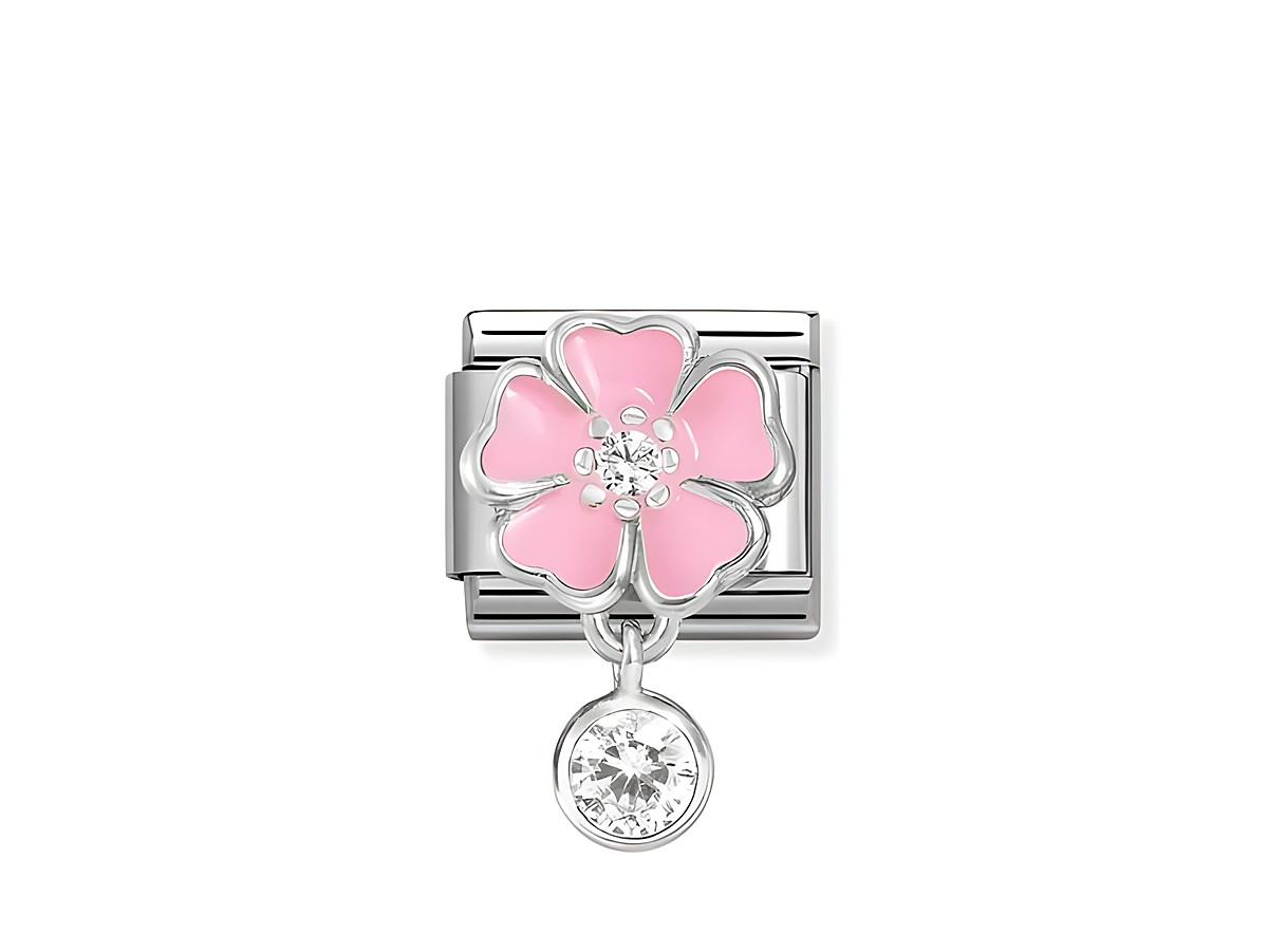 Charm von Nomination Classic Silber mit rosa Blume, brillant-geschliffenem Zirkonia und weißer Emaille, ideal für das persönliche Armband.