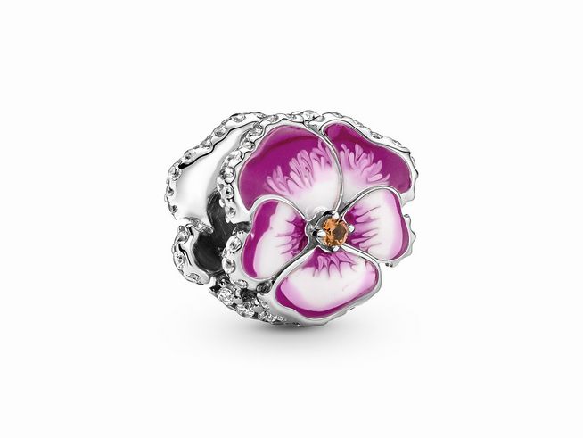 Pandora Pinke Stiefmütterchen Blume Charm aus Silber mit buntem Emaille Steinmix und einem bernsteinfarbenen Stein in der Mitte, dekorativ und filigran gestaltet.