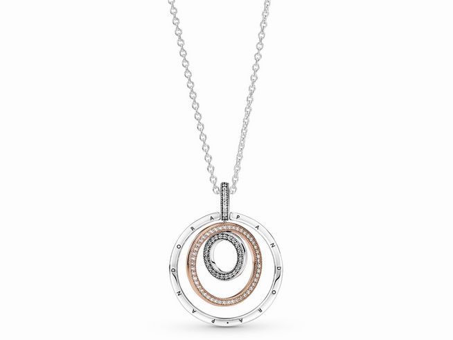 Zweifarbige Kreise Anhänger und Halskette von Pandora aus Zirkonia, silberne Kette mit einem stilvollen Anhänger in verschiedenen Farben, Länge 60 cm, modernes Design.