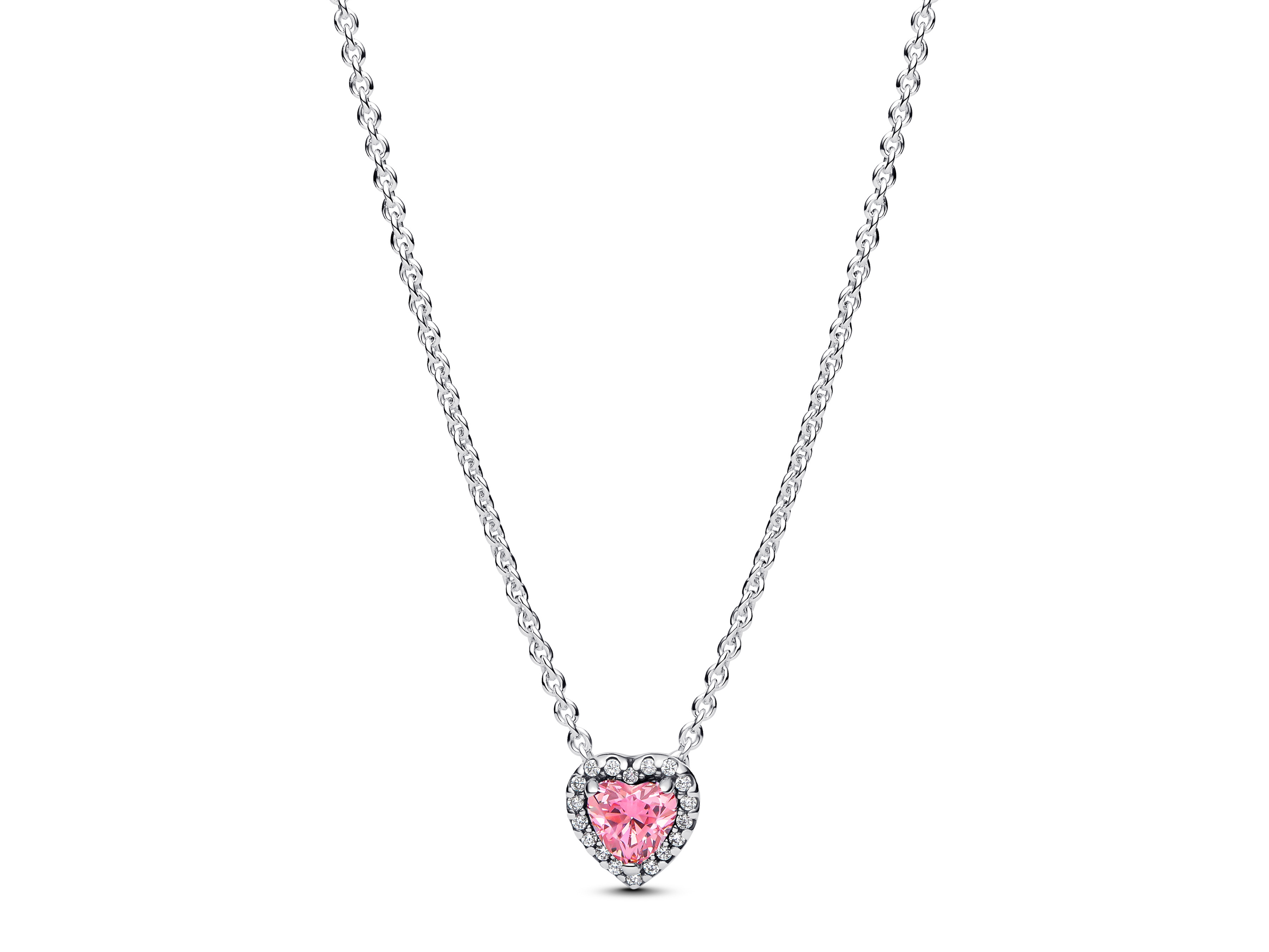 Die Pandora 398425C02-45 Kette mit rosa Herzanhänger aus Sterling Silber und Zirkonia in Pink hat eine Länge von 45 cm und strahlt eleganten Schmuckstil aus.