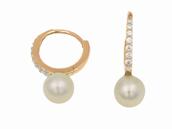 Creolen mit einer Perle von 1,2 cm in Roségold vergoldetem Sterling Silber, verziert mit funkelnden Zirkonsteinen, Hersteller Juwelier Harnisch.