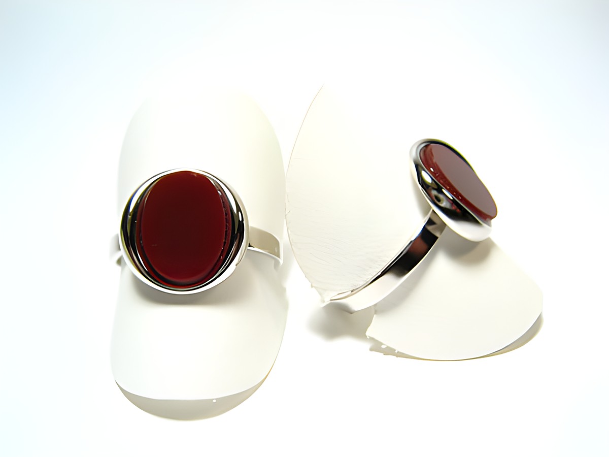 Silber Ring rhodiniert mit einem roten braunen Karneol im 70er Look, verstellbar, Hersteller Juwelier Harnisch, elegant präsentiert auf einem weißen Ringhalter.
