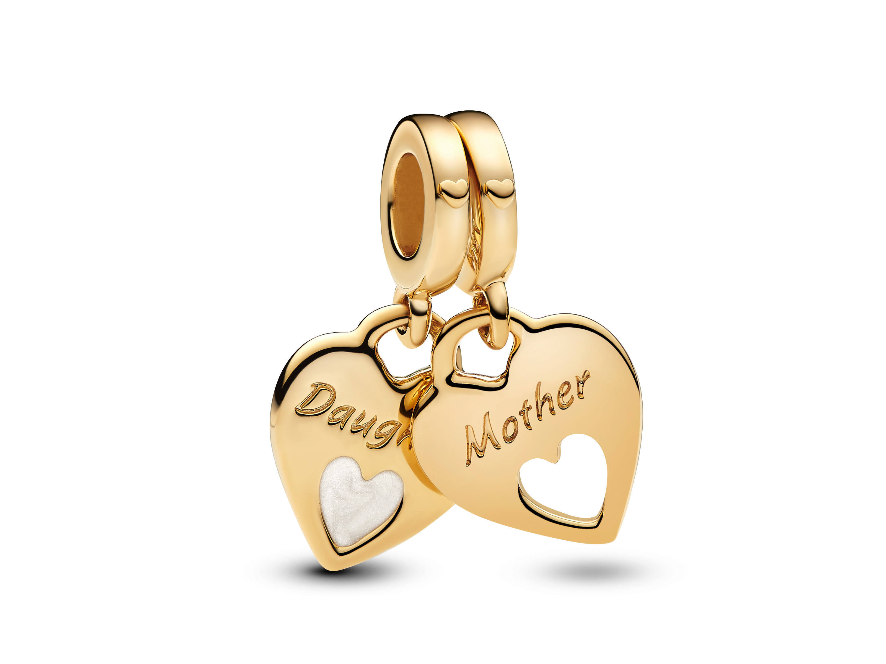 Pandora 769187C01 Doppeltes Herz - geteilt - Mother & Daughter - Gelbgold vergoldet - Emaille Doppeltes Herz aus gelbgold vergoldetem Metall, geteilt in zwei Teile mit den gravierten Worten Mother und Daughter, kombiniert mit einer Emaille-Innenseite und einem schlichten Design.