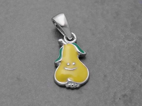 Birne lackiert - Sterling Silber Anhänger - Lack Gelb, Hersteller: Juwelier Harnisch, für Kinder, fröhlicher Birnenanhänger mit lächelndem Gesicht und grünen Blättern.