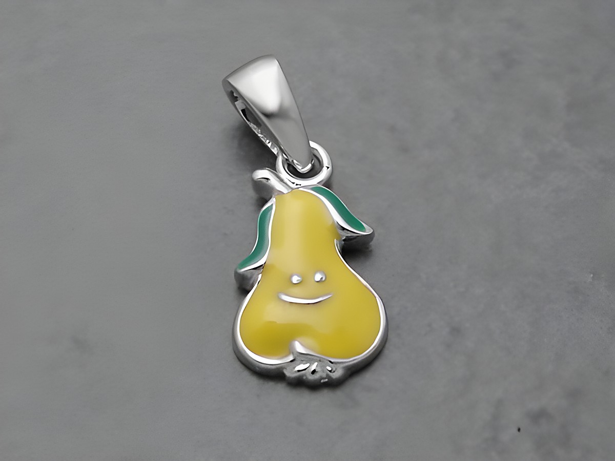 Birne lackiert - Sterling Silber Anhänger - Lack Gelb, Hersteller: Juwelier Harnisch, für Kinder, fröhlicher Birnenanhänger mit lächelndem Gesicht und grünen Blättern.