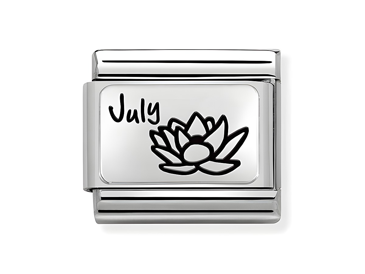 Edelstahl Charm Monatsblume Juli von Nomination Classic Silber mit Lotus-Blume und der Aufschrift Juli, ideal für Sternzeichen und Monatssteine.