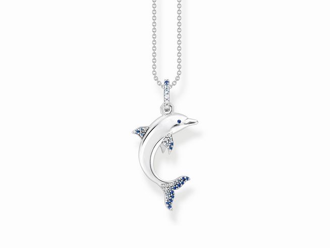 Sterling Silber Kette mit einem Delfin-Anhänger, besetzt mit synthetischen Spinellen und Zirkonia, Länge 45 cm verstellbar von Thomas Sabo.