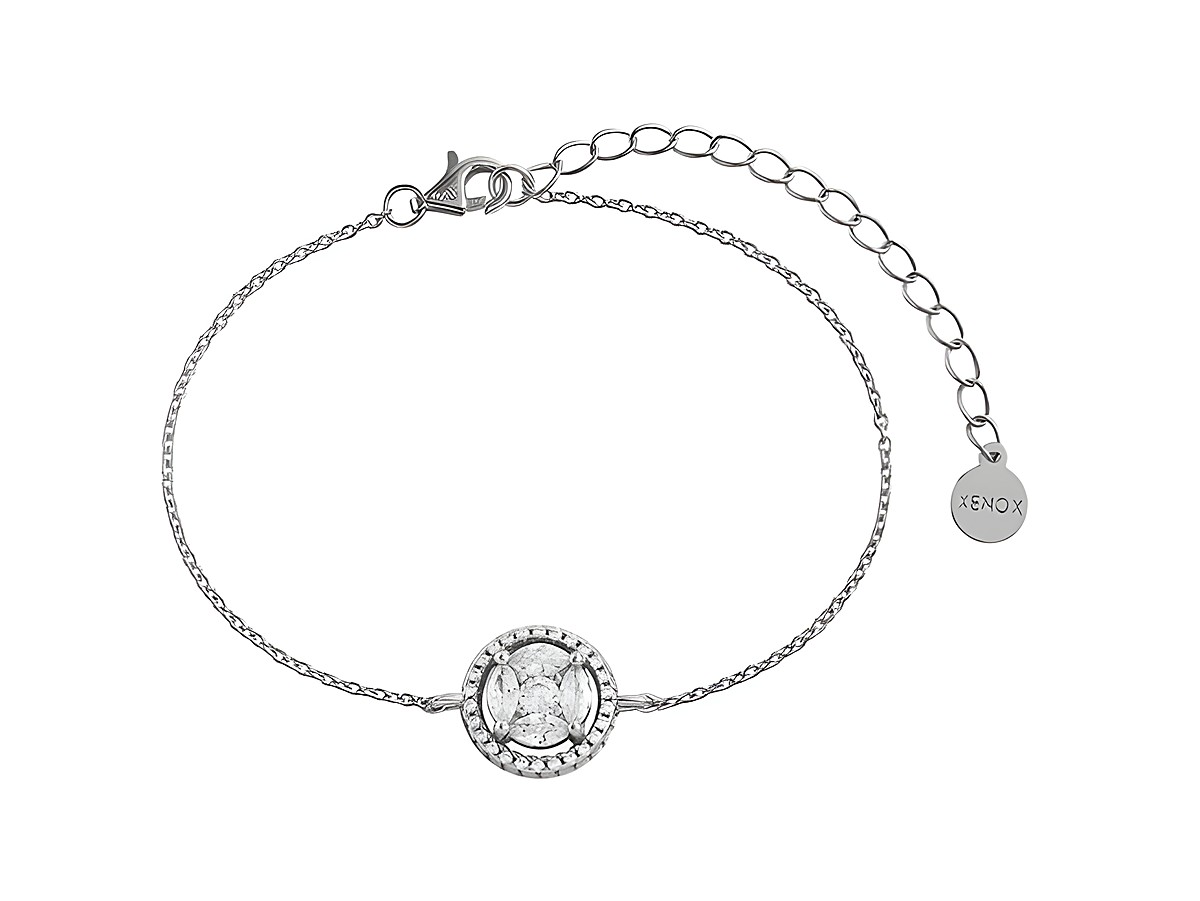 Xenox Sterling Silber Armband XS7066 mit einem zentralen, funkelnden Element in einem runden Rahmen, feine Karreekette, verstellbar von 15 bis 20 cm, elegantes Schmuckstück in Silber.