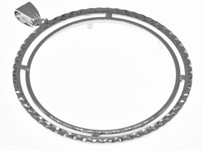 Münzfassung Anhänger aus rhodiniertem 925 Sterling Silber, diamantiert, Durchmesser 41 mm, geeignet für Münzen bis 4,0 cm, Hersteller Juwelier Harnisch.