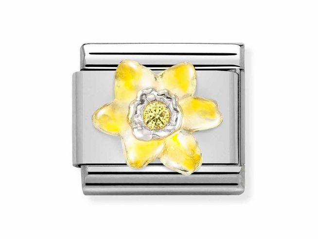 Edelstahl Charm von Nomination in Classic Silber, verziert mit einer gelben Kornblume und einem gelben Stein in der Mitte, stilvolles und farbenfrohes Design.